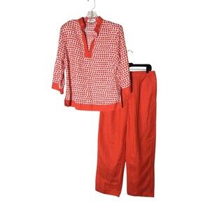 Lino USA Pajama Set Women's Size Medium Orange White Spots Linen Blend